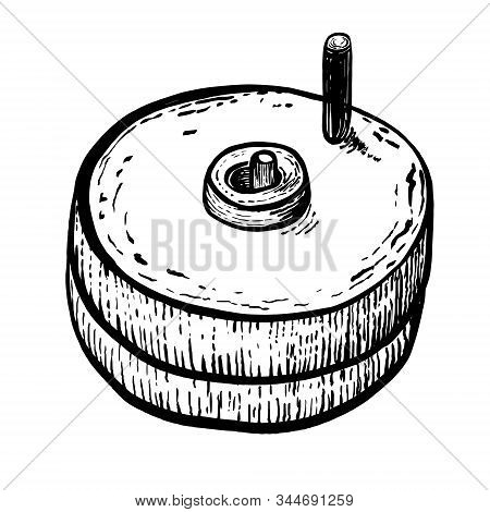 Hand Millstones For Grain With Handle Holder. Vintage. Hand Realistic Drawing. Engraving Style Vecto