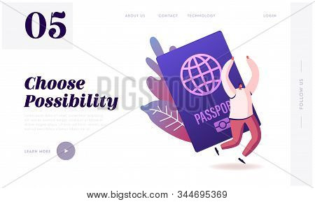 Tourist Get Visa And Passport For Traveling Abroad Website Landing Page. Happy Cheerful Man Rejoice 