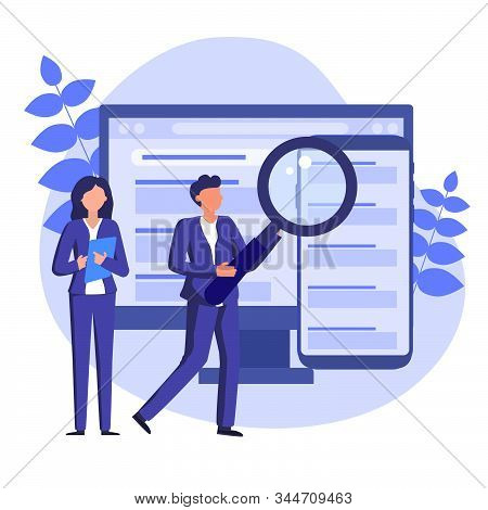 Business People Using Serp On Computer And Smartphone. Search Engine Results Pages Vector Concept Il