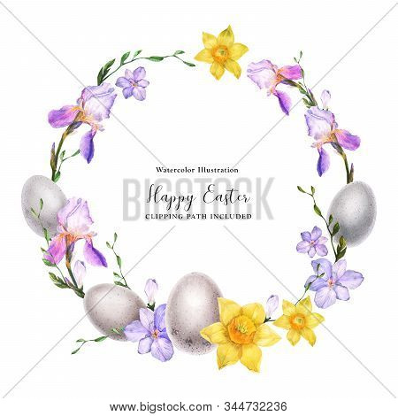Decorative Watercolor Wreath With Iris And Daffodil And Freesia Flowers And Bird Eegs On A White Bac