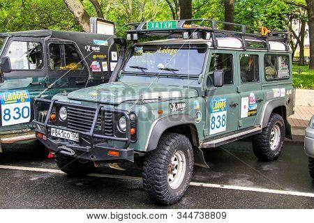 Saint Petersburg, Russia - May 25, 2013: Offroad Vehicle Land Rover Defender Takes Part In The Annua