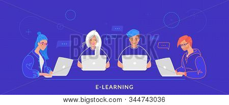 Four Teenagers Working With Laptop At Work Desk Typing On Keyboard. Flat Line Vector Illustration Of