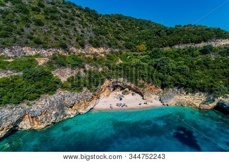Aerial Drone Bird's Eye View Of Of Mega Drafi Beach With Turquoise Sea In Parga Area, Ionian Sea, Ep