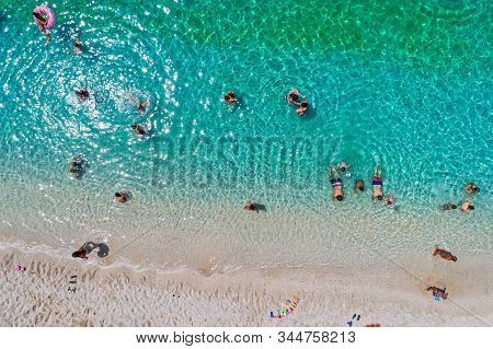 Aerial View Of Sarakiniko Beach With Turquoise Sea In Parga Area, Ionian Sea, Epirus, Greece