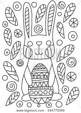 Little Smiling Rabbit Holds Colored Egg With Flower Around Stock Vector Illustration. Happy Easter B