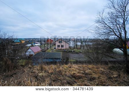 Volhov, Russia - January, 3, 2020: landscape with the country houses in Volhov, Russia 