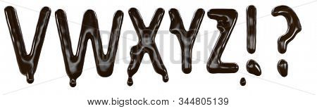 Chocolate font food type for sweet design. 3d render of v w x y z letters and special signs made from delicious dark chocolate.