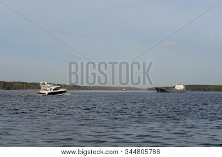 Sheksna,vologda Region, Russia - May 11, 2019: River Transport On The River Sheksna. Vologda Region
