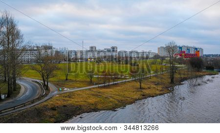 Landscape with the image of Volhov river near the town Kirishy in Russia