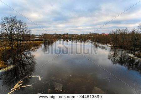 Landscape with the image of Volhov river in Russia