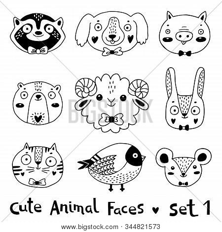 Avatars Funny Animal Faces Raccoon Dog Pig Bear Ram Hare Rabbit Cat Bird Mouse Rat. Vector Illustrat