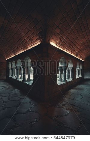 Hallway in Romanesque monastery in village in Pueblo Espanol Barcelona, Spain