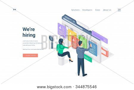 People Working With Social Media Content Isometric Vector Illustration. Male And Female Colleagues A
