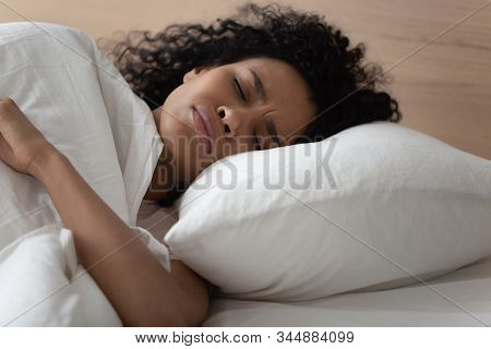 African Woman Lying In Bed Has Nightmares Sleeps Bad
