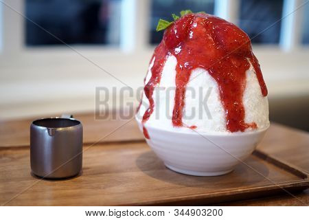 Strawberry Bing Su Korean Sweets.sweet And Dessert Concept.