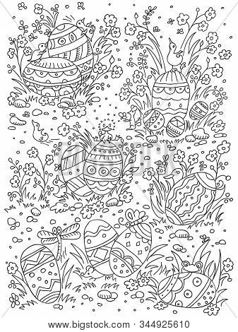 Easter Background In Doodle Style With Egg And Duck, Mouse And Dragonfl. Hand Drawn Doodle Poster. V