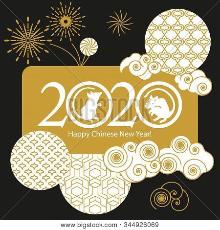 Rat Symbol, Ornate Circls, Clouds And Fireworks On Contast Background.