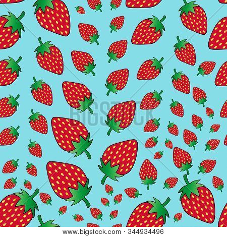 Ripe strawberries. An endlessly repeating ornament. Seamless vector pattern. Isolated blue background. Cartoon style. Idea for web design, packaging, covers, textiles. Ripe berry with small seeds. Natural product without chemicals. \nValentine Day. A swee