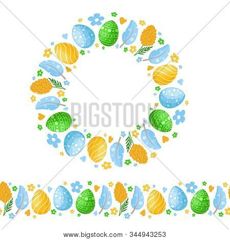 Easter Day - Seamless Border Pattern With Easter Eggs, Feather, Flowers And Wreath Or Round Frame, O