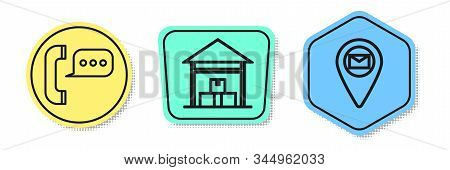 Set Line Telephone With Speech Bubble Chat , Warehouse And Placeholder On Map Paper. Colored Shapes.