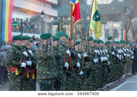 A Platoon Of The Romanian Army Presents The Flags Of The Unit At The Parade Of The National Day Of R