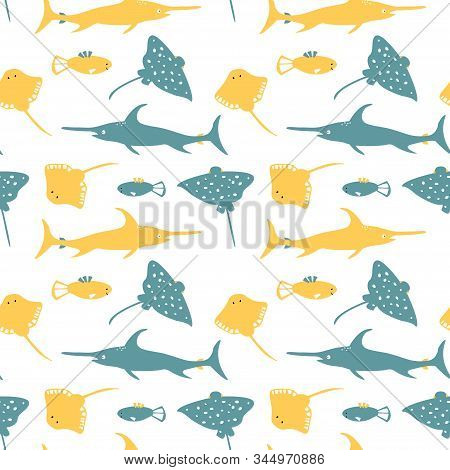 Seamless Pattern With Cute Cartoon Sea Animals - Fish Saw, Fish, Stingray. Art Can Be Used For Child