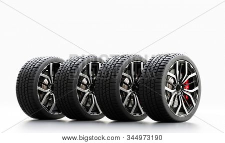 Set of wheels with modern alu rims on white background - banner composition. 3D illustration