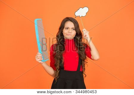 Get Rid Of Annoying Tangles. Girl Long Hair Hold Comb And Speech Bubble. Hairdresser Salon. Combing 