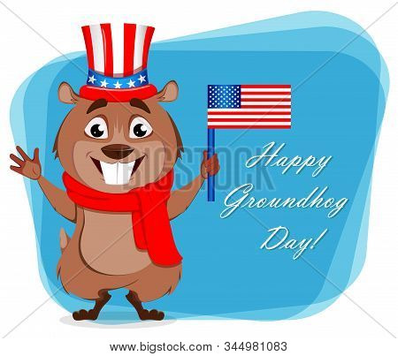 Happy Groundhog Day Greeting Card. Cute Groundhog Cartoon Character Holding Usa Flag. Stock Vector