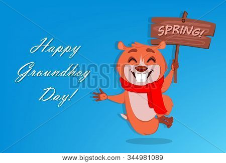 Happy Groundhog Day Greeting Card. Cute Groundhog Cartoon Character. Stock Vector On Blue Background