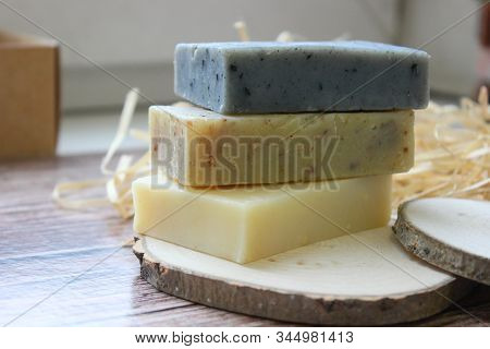 Handmade Natural Soap On Wooden Background. Spa Natural Treatments.natural Soap, Handmade Organic Na