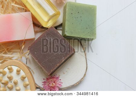 Handmade Natural Soap On Wooden Background. Spa Natural Treatments.natural Soap, Handmade Organic Na