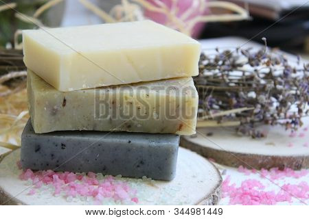 Handmade Natural Soap On Wooden Background. Spa Natural Treatments.natural Soap, Handmade Organic Na