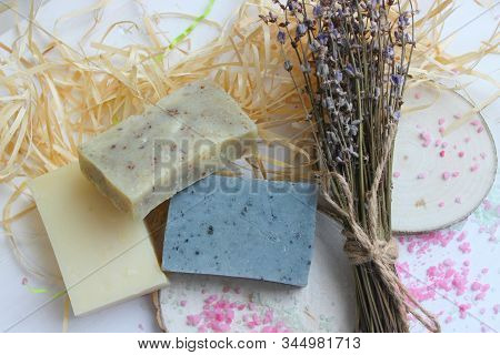Handmade Natural Soap On Wooden Background. Spa Natural Treatments.natural Soap, Handmade Organic Na