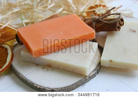 Handmade Natural Soap On Wooden Background. Spa Natural Treatments.natural Soap, Handmade Organic Na