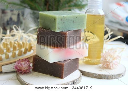 Handmade Natural Soap On Wooden Background. Spa Natural Treatments.natural Soap, Handmade Organic Na
