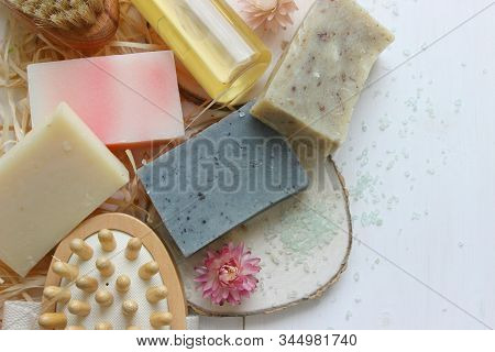 Handmade Natural Soap On Wooden Background. Spa Natural Treatments.natural Soap, Handmade Organic Na
