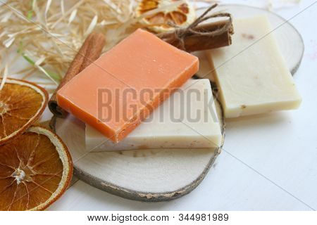 Handmade Natural Soap On Wooden Background. Spa Natural Treatments.natural Soap, Handmade Organic Na