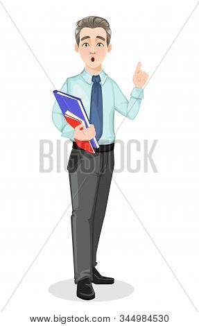 Handsome Confident Business Man Has A Good Idea. Businessman Cartoon Character. Stock Vector