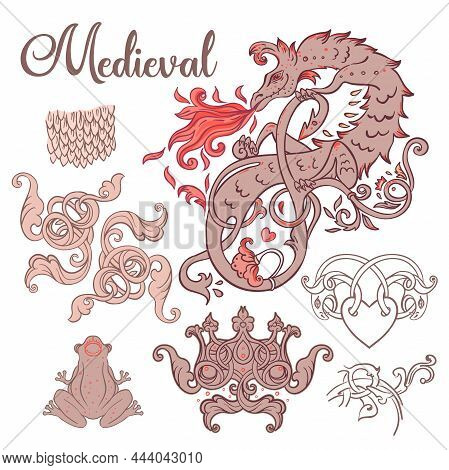 Medieval Style Elements Set. Mythological Magic Beast Basilisk, Legendary Bizarre Creature. Decorati
