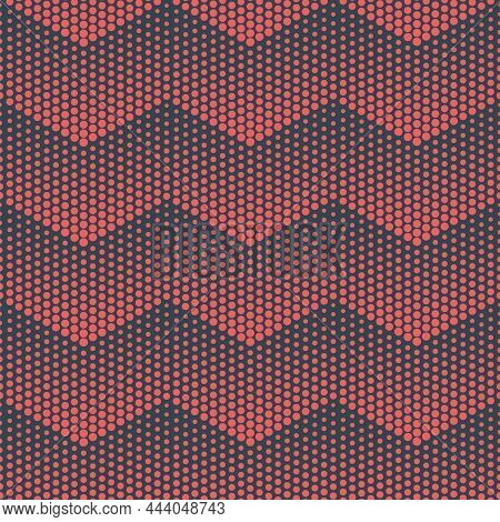 Zigzag Lines Halftone Dots Seamless Pattern Red Blue Abstract Vector Background. Fashionable Dotted 