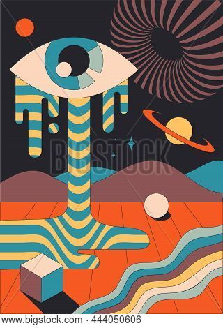 Abstraction Bright Psychodelic Cover. Old Hippie Style Pictures. Retro Banners And Posters. Stylish 