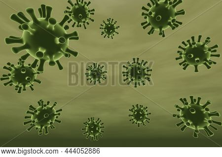 3d Rendering Of Floating Green Viruses In A Soup Like Fluid