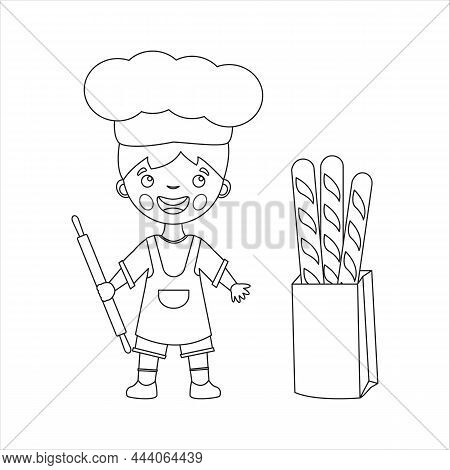 Coloring Page Of Cartoon Chef With Baguette And Rolling Pin. Little Chef Or Scullion In An Apron And