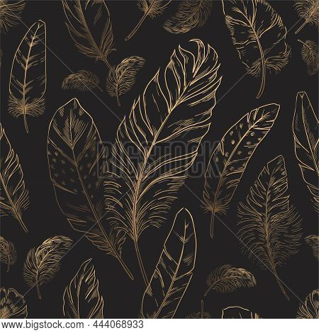 Feather Pattern. Seamless Texture With Hand Drawn Bird Quills. Golden Plumage Sketch. Black Textile 