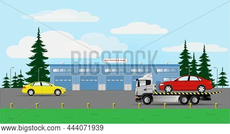 Car Service And Repair Building. Delivery Of A Faulty Car By A Tow Truck. Flat Vector Illustration.