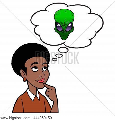 Black Woman Thinking About A Space Alien - A Cartoon Illustration Of A Black Woman Thinking About A 