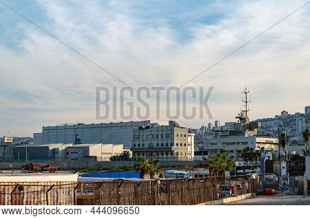 Haifa, Israel - December 3, 2021: View Of Industrial Facilities And Port Warehouses On The Banks Of