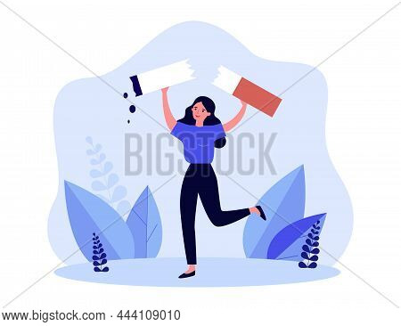 Happy Woman Breaking Big Cigarette. Girl Choosing Healthy Lifestyle Instead Of Unhealthy Habit Flat 