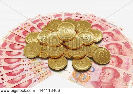 Bitcoin Digital Currency On Yuan Banknote, 3d Rendering